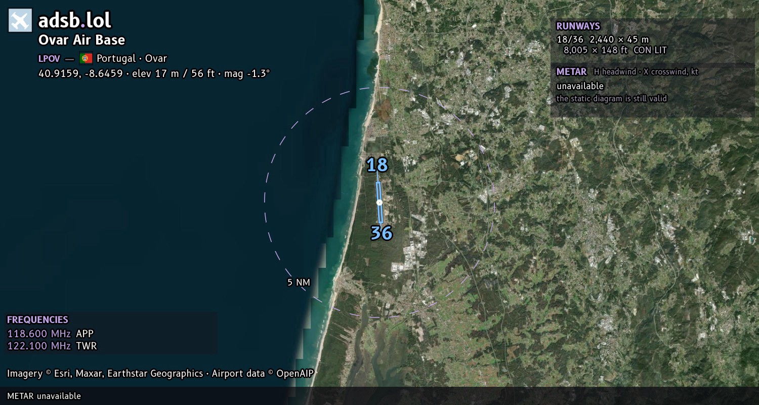 Satellite map with the runway layout of Ovar Air Base (LPOV)