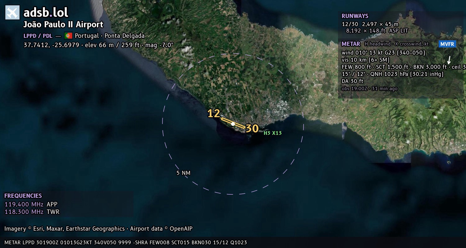 Satellite map with the runway layout of João Paulo II Airport (LPPD)