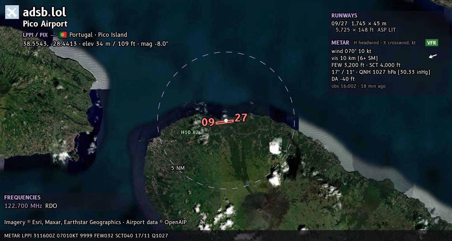Satellite map with the runway layout of Pico Airport (LPPI)