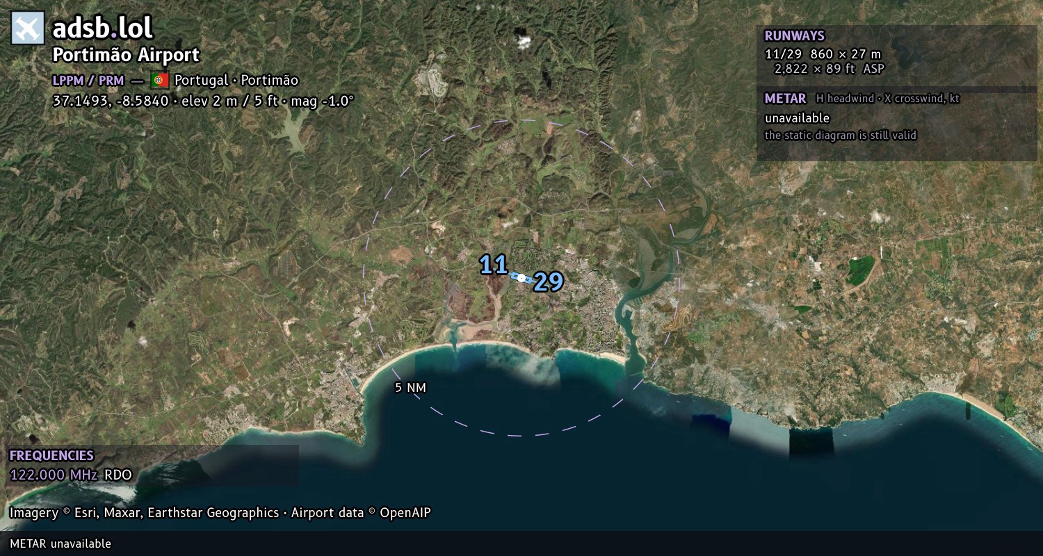 Satellite map with the runway layout of Portimão Airport (LPPM)