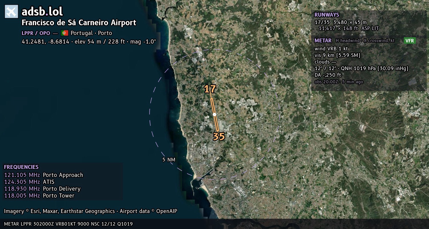 Satellite map with the runway layout of Francisco de Sá Carneiro Airport (LPPR)