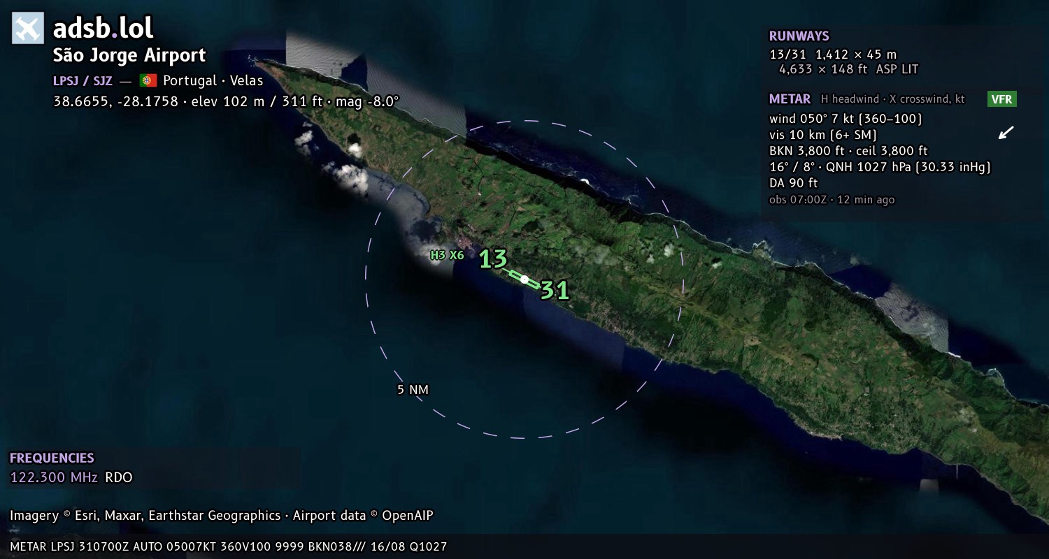 Satellite map with the runway layout of São Jorge Airport (LPSJ)