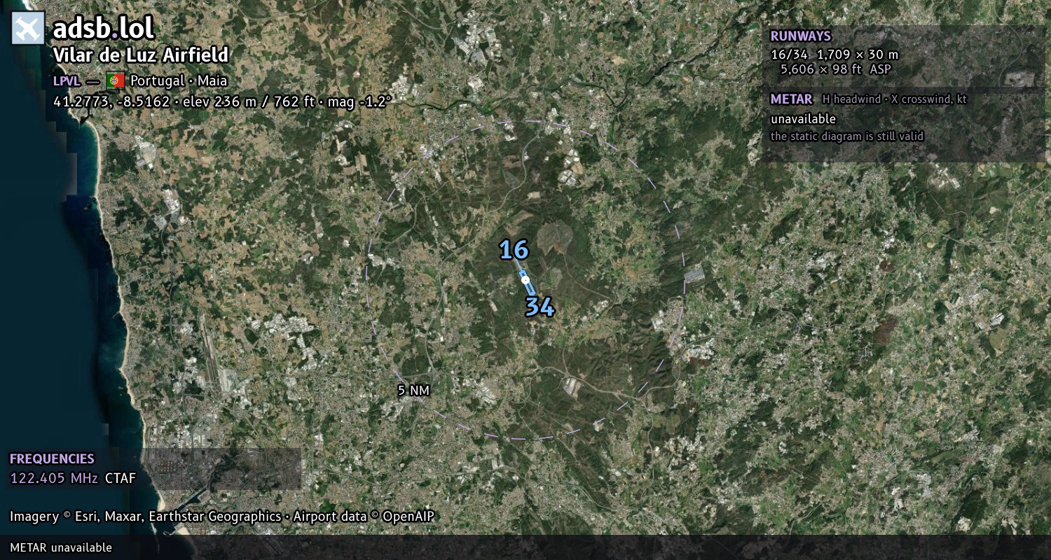 Satellite map with the runway layout of Vilar de Luz Airfield (LPVL)
