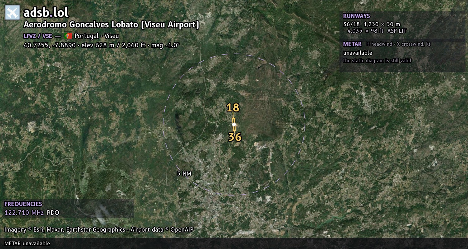 Satellite map with the runway layout of Aerodromo Goncalves Lobato (Viseu Airport) (LPVZ)