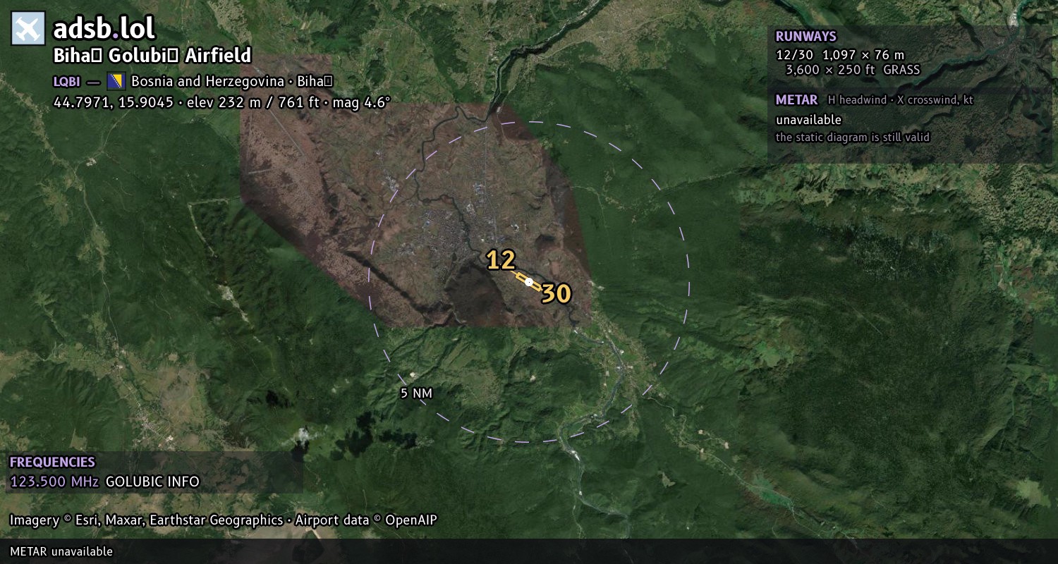 Satellite map with the runway layout of Bihać Golubić Airfield (LQBI)