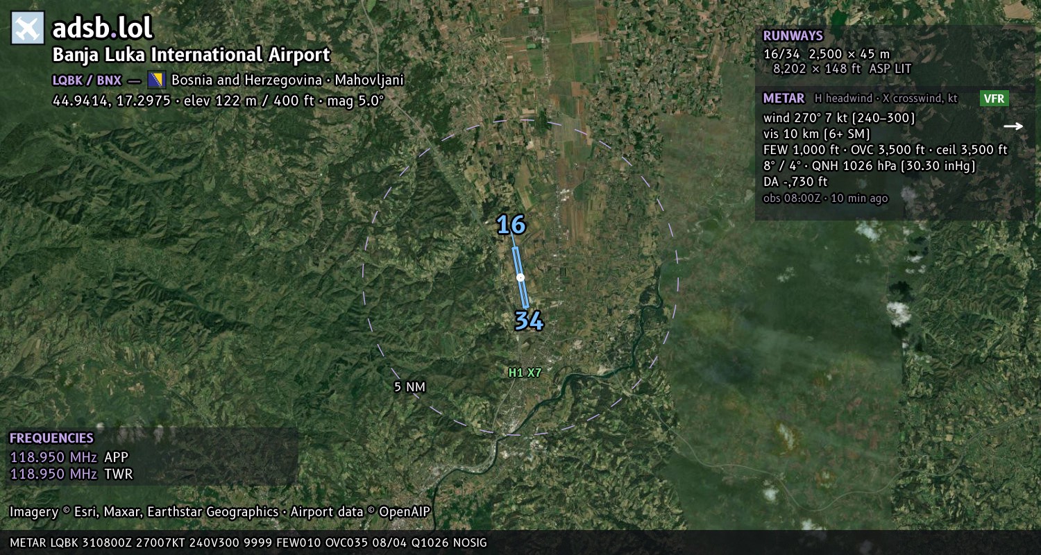 Satellite map with the runway layout of Banja Luka International Airport (LQBK)
