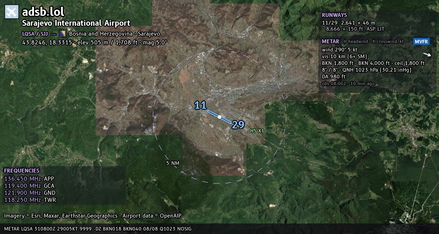 Satellite map with the runway layout of Sarajevo International Airport (LQSA)
