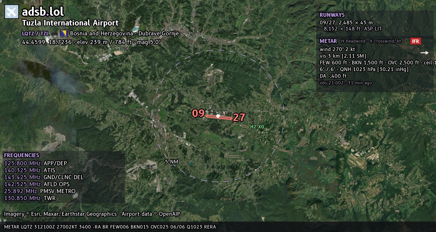Satellite map with the runway layout of Tuzla International Airport (LQTZ)