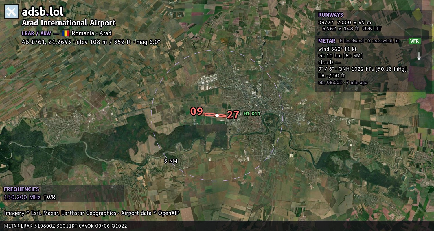 Satellite map with the runway layout of Arad International Airport (LRAR)