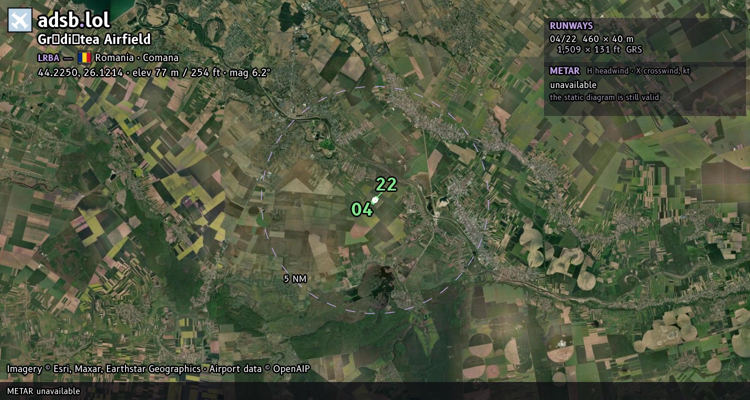 Satellite map with the runway layout of Grădiștea Airfield (LRBA)