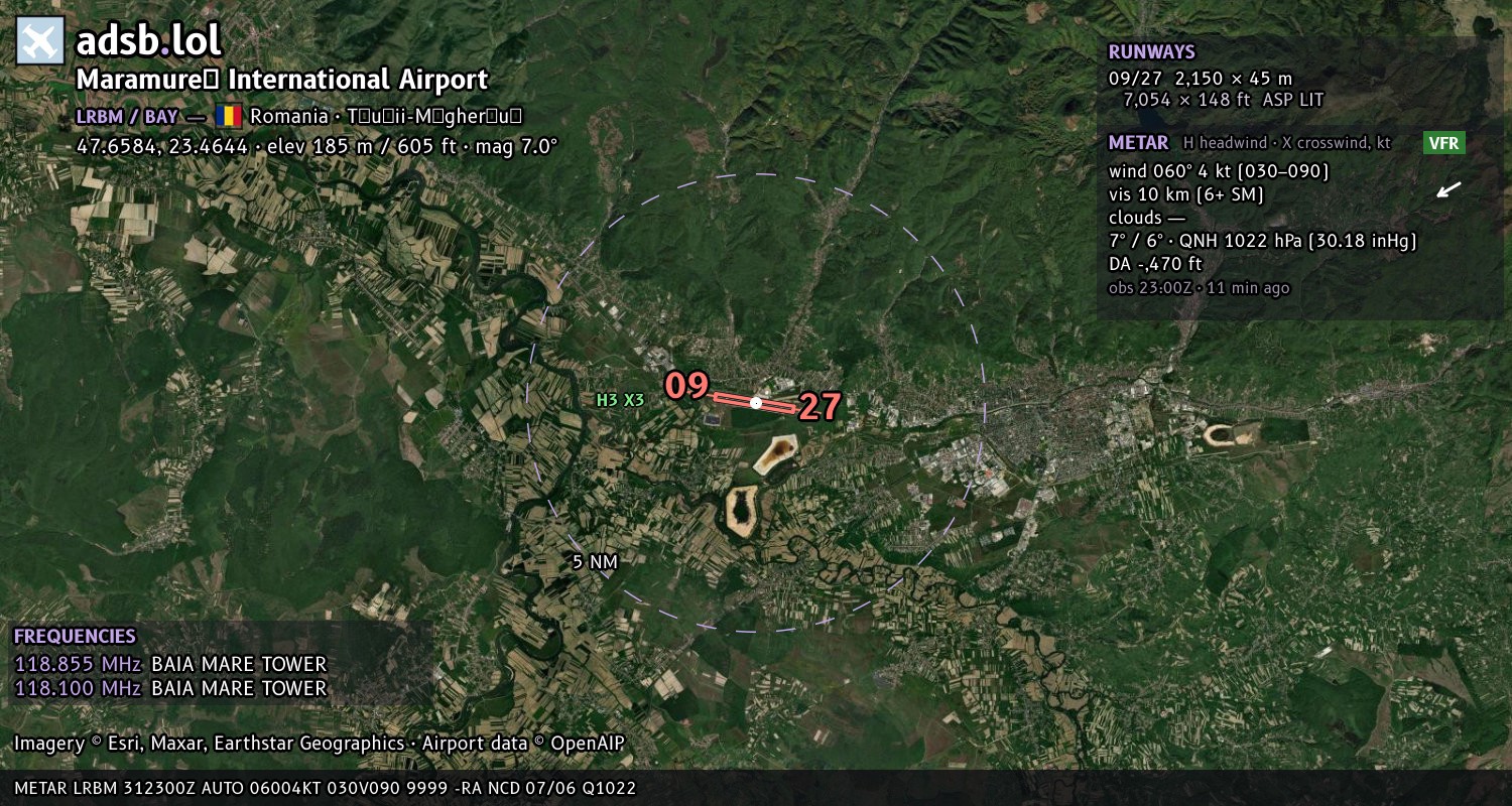 Satellite map with the runway layout of Maramureș International Airport (LRBM)