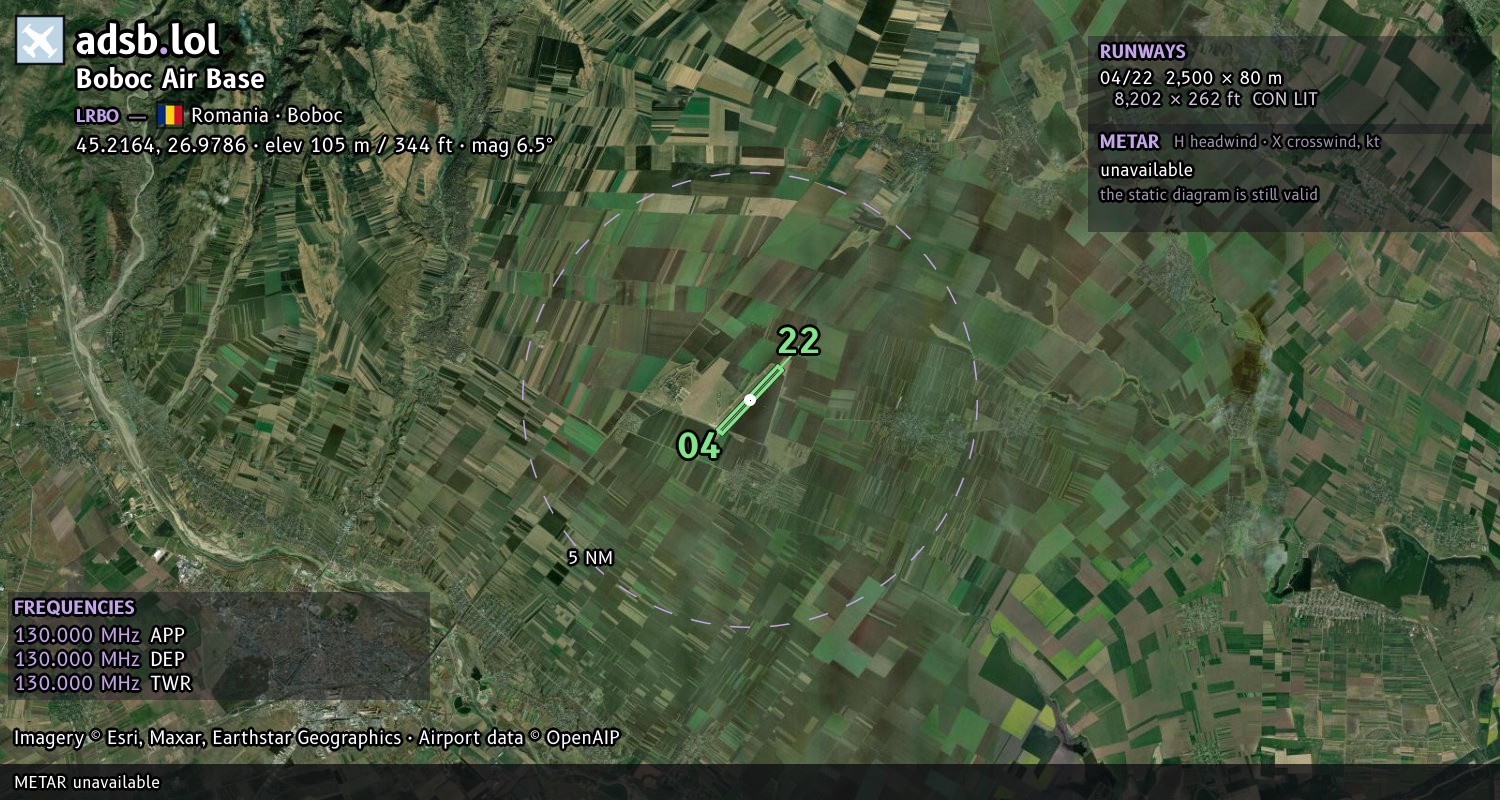 Satellite map with the runway layout of Boboc Air Base (LRBO)