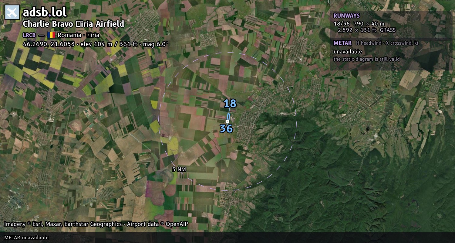 Satellite map with the runway layout of Charlie Bravo Șiria Airfield (LRCB)