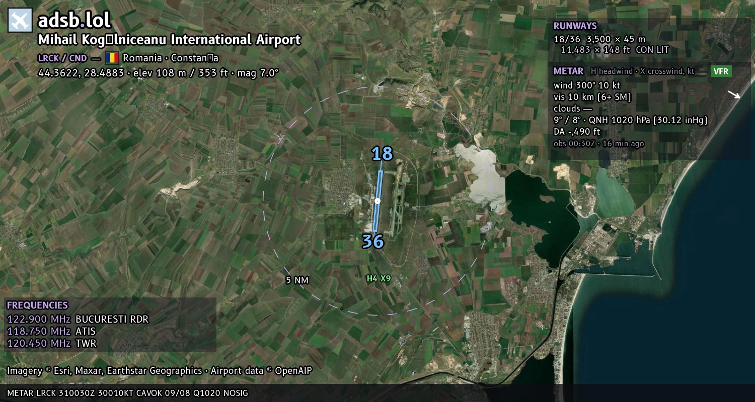 Satellite map with the runway layout of Mihail Kogălniceanu International Airport (LRCK)