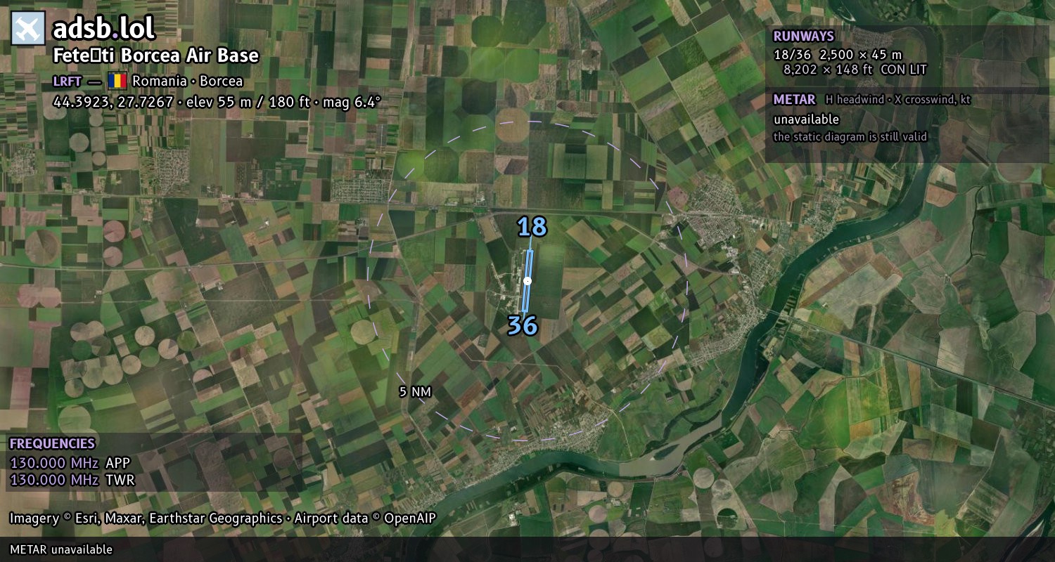 Satellite map with the runway layout of Feteşti Borcea Air Base (LRFT)