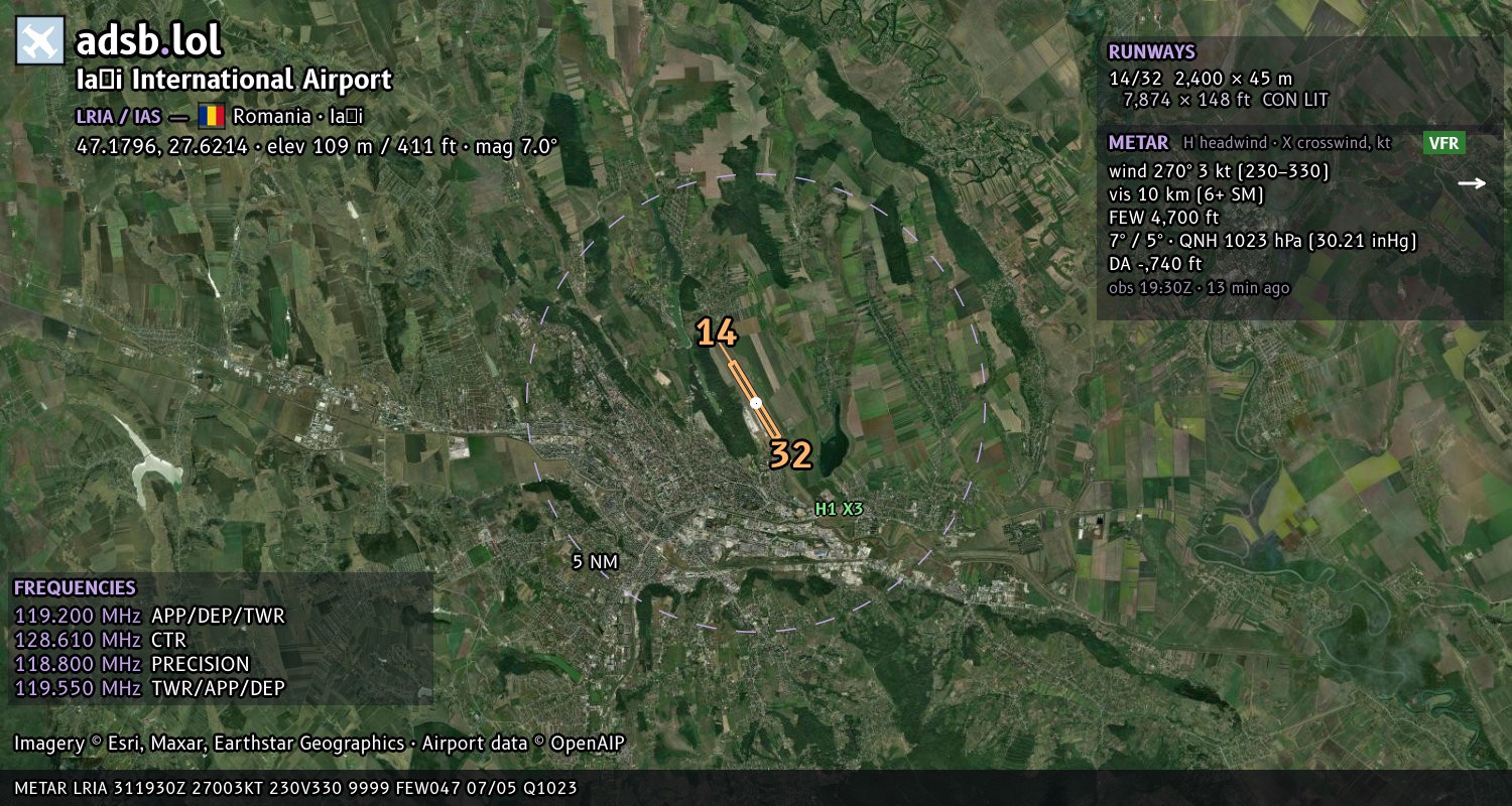 Satellite map with the runway layout of Iaşi International Airport (LRIA)