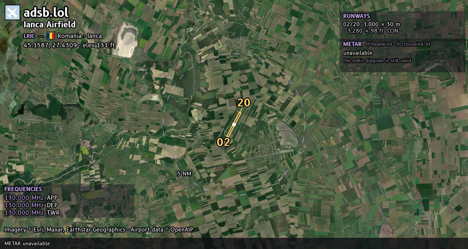 Satellite map with the runway layout of Ianca Airfield (LRIC)