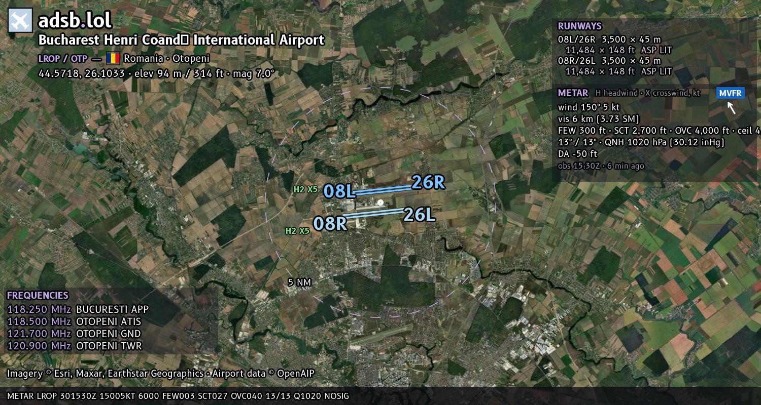 Satellite map with the runway layout of Bucharest Henri Coandă International Airport (LROP)