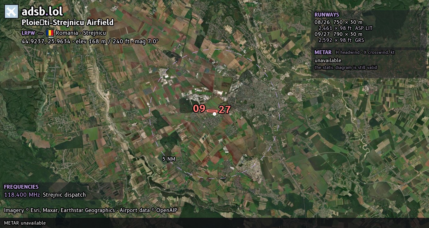 Satellite map with the runway layout of Ploiești-Strejnicu Airfield (LRPW)