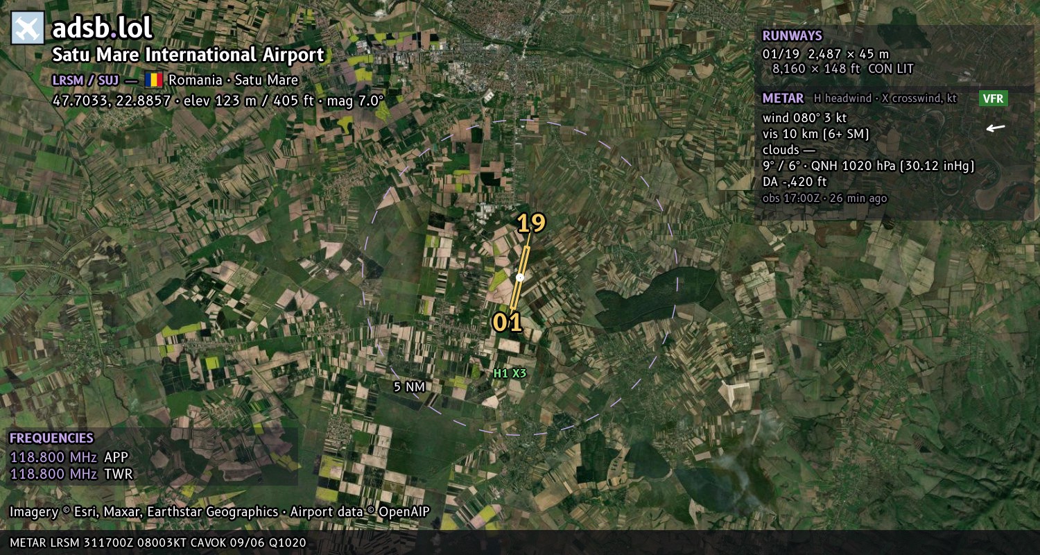 Satellite map with the runway layout of Satu Mare International Airport (LRSM)