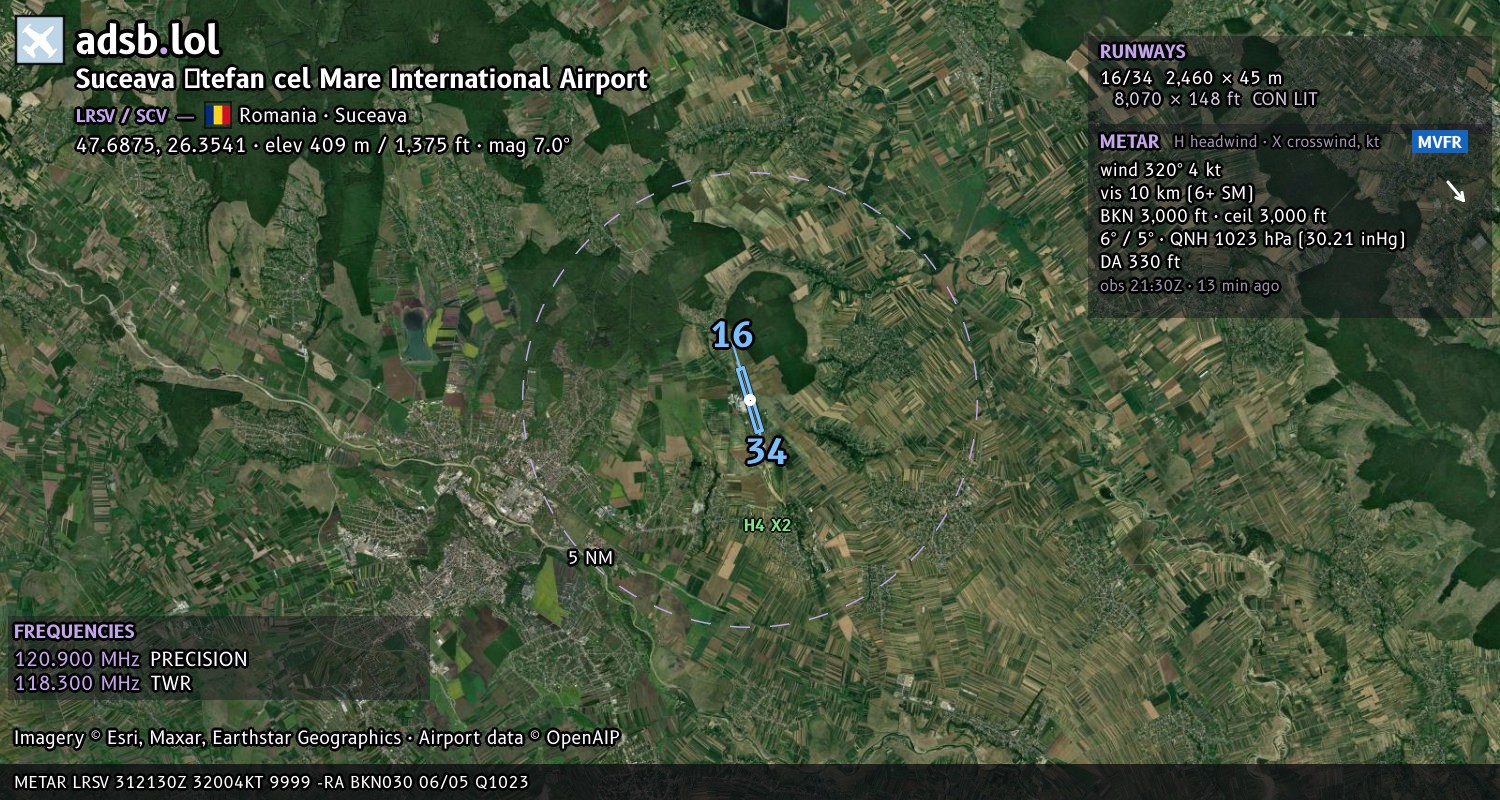 Satellite map with the runway layout of Suceava Ștefan cel Mare International Airport (LRSV)