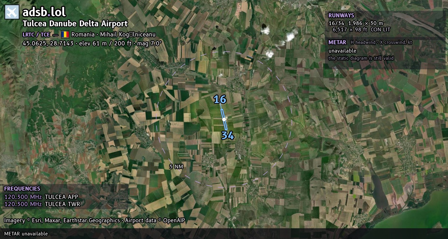 Satellite map with the runway layout of Tulcea Danube Delta Airport (LRTC)