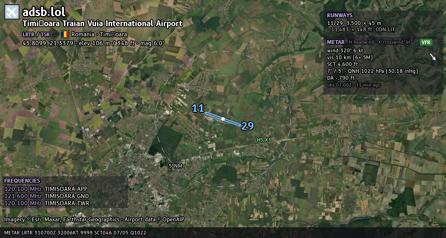 Satellite map with the runway layout of Timișoara Traian Vuia International Airport (LRTR)