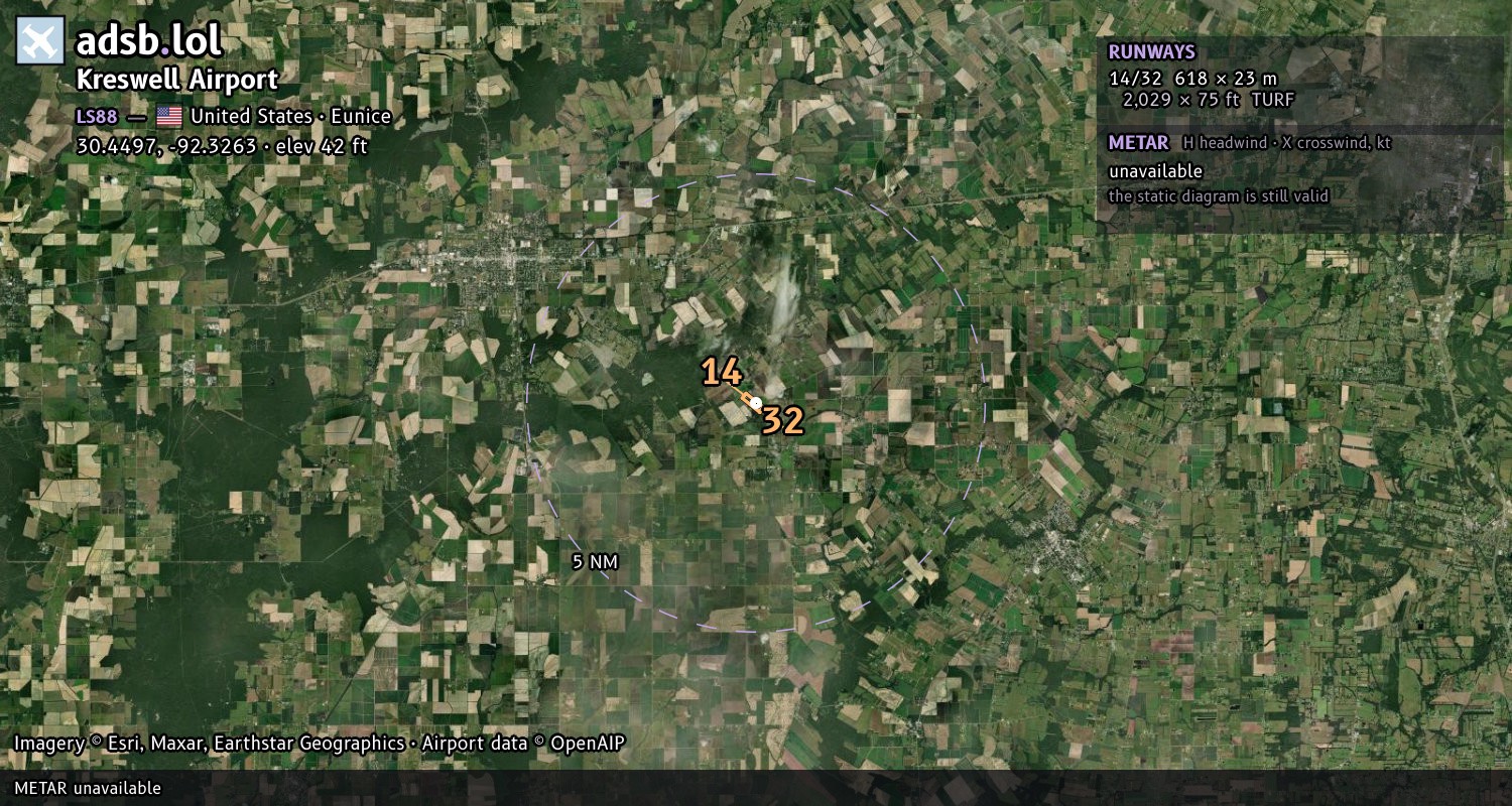 Satellite map with the runway layout of Kreswell Airport (LS88)