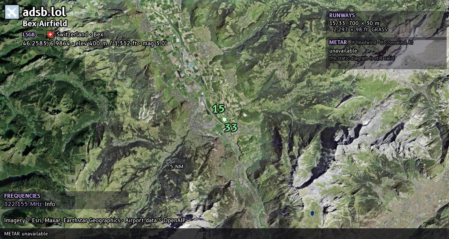 Satellite map with the runway layout of Bex Airfield (LSGB)