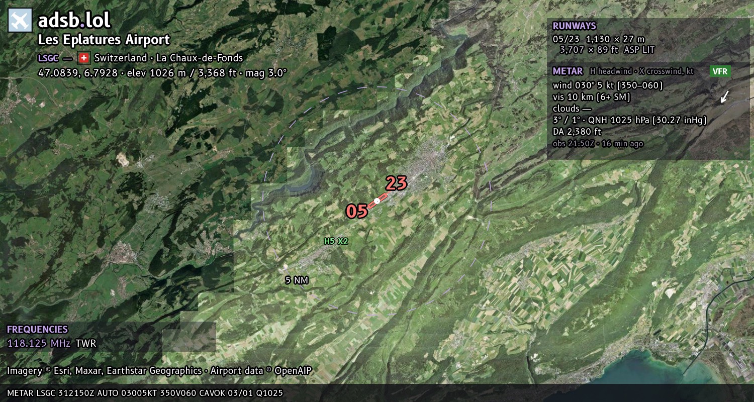 Satellite map with the runway layout of Les Eplatures Airport (LSGC)