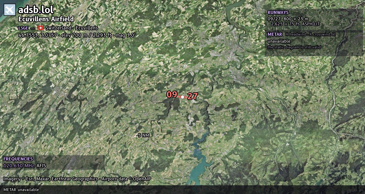 Satellite map with the runway layout of Ecuvillens Airfield (LSGE)