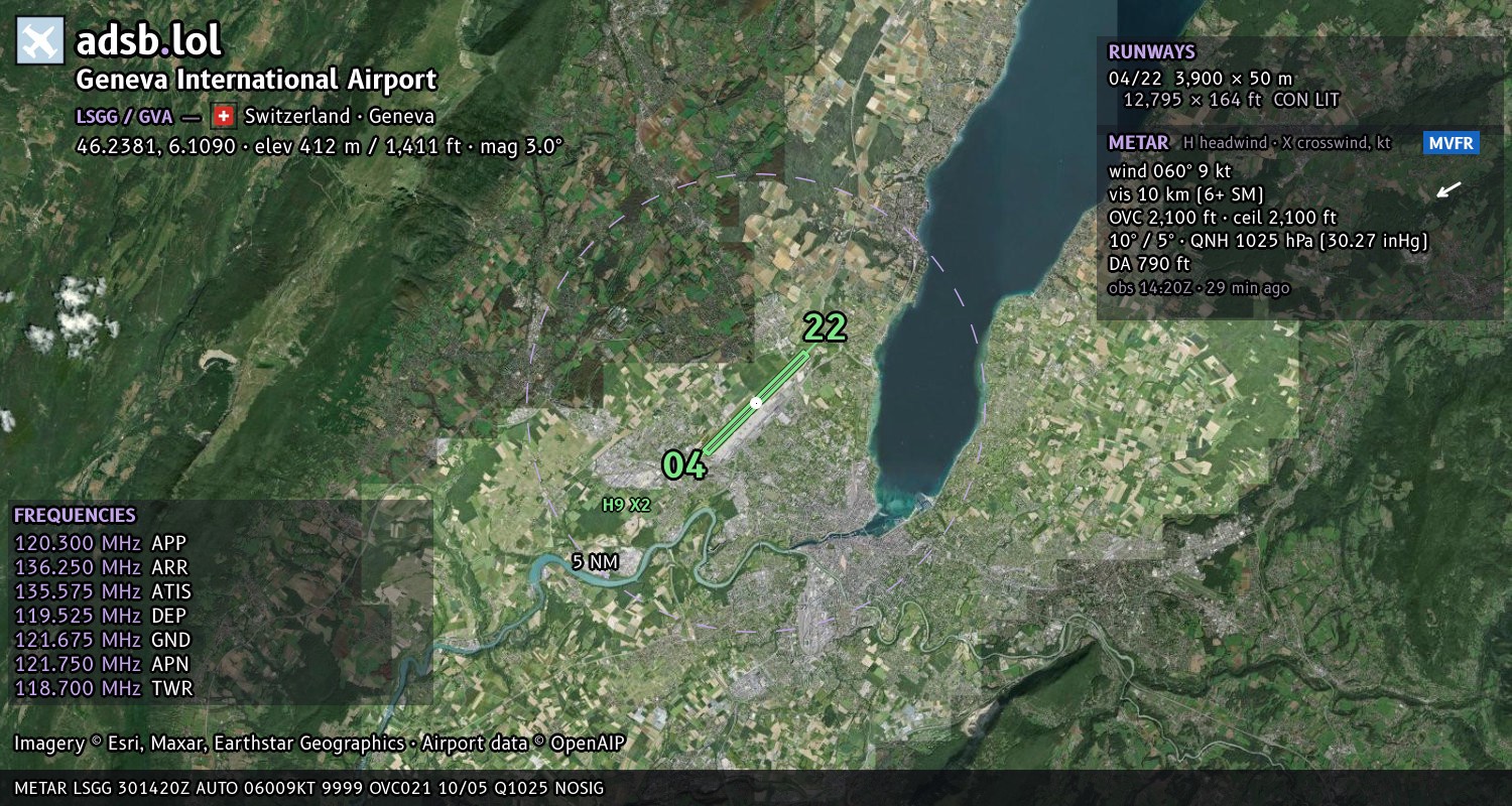 Satellite map with the runway layout of Geneva International Airport (LSGG)