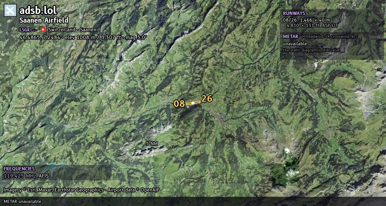 Satellite map with the runway layout of Saanen Airfield (LSGK)