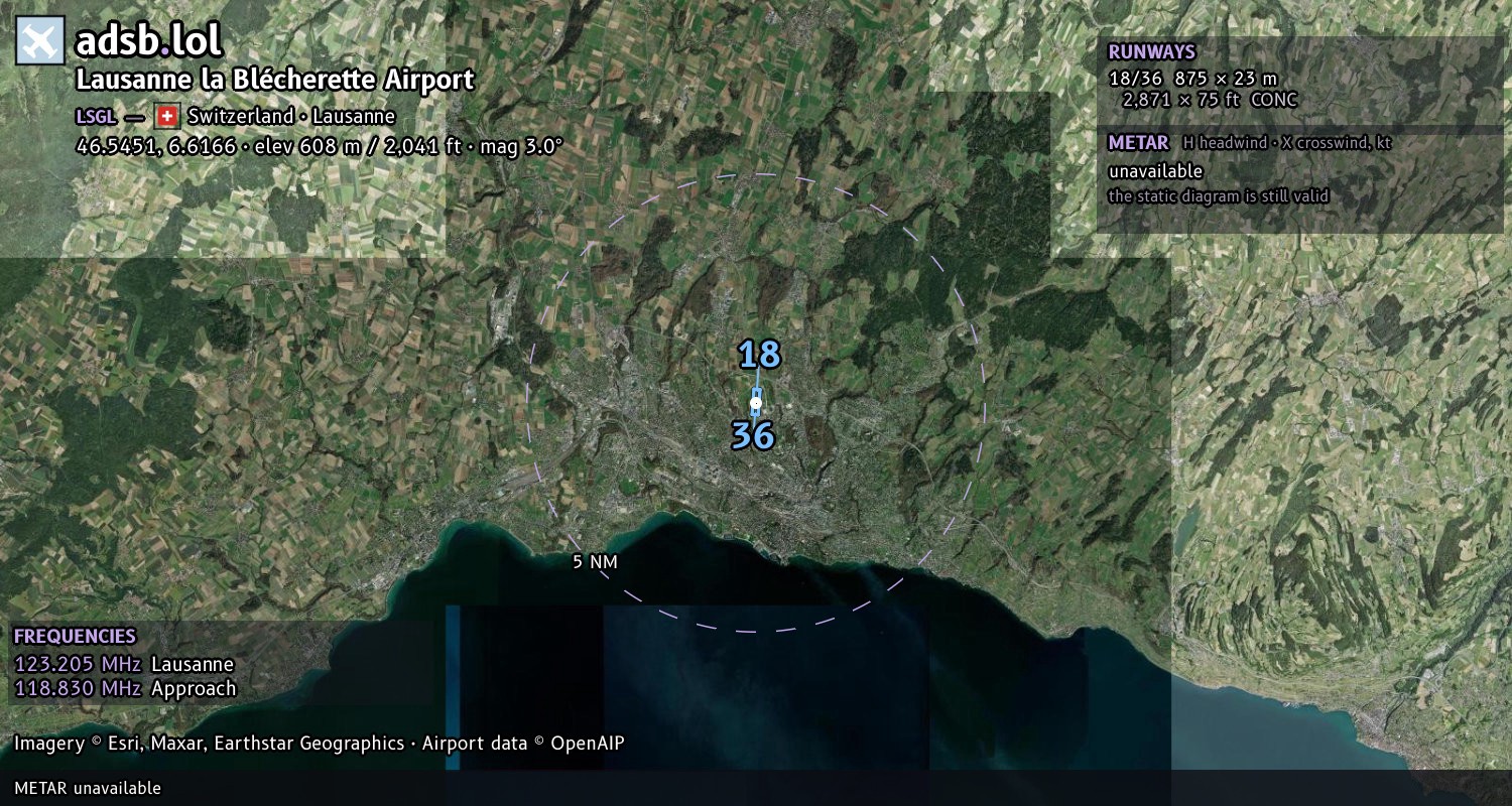 Satellite map with the runway layout of Lausanne la Blécherette Airport (LSGL)