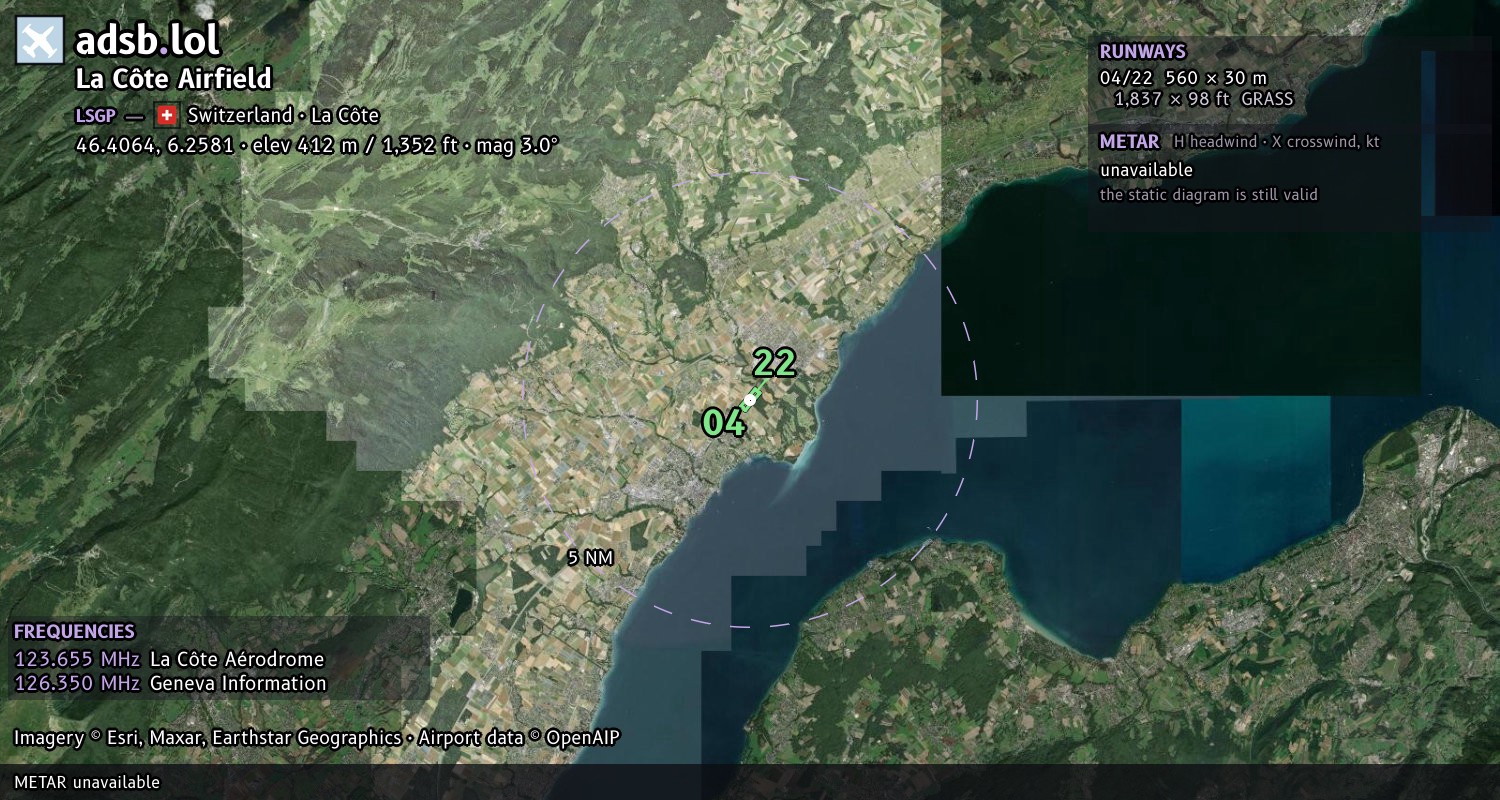 Satellite map with the runway layout of La Côte Airfield (LSGP)
