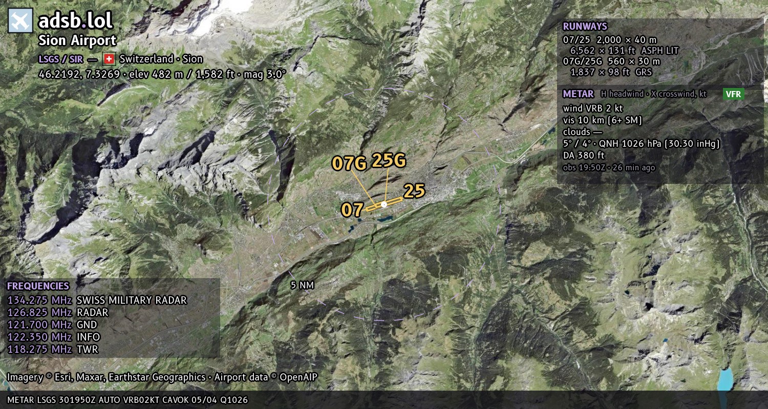 Satellite map with the runway layout of Sion Airport (LSGS)