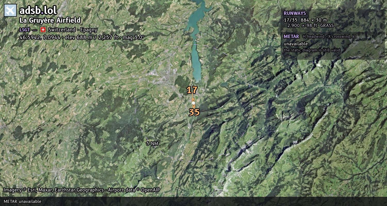 Satellite map with the runway layout of La Gruyère  Airfield (LSGT)
