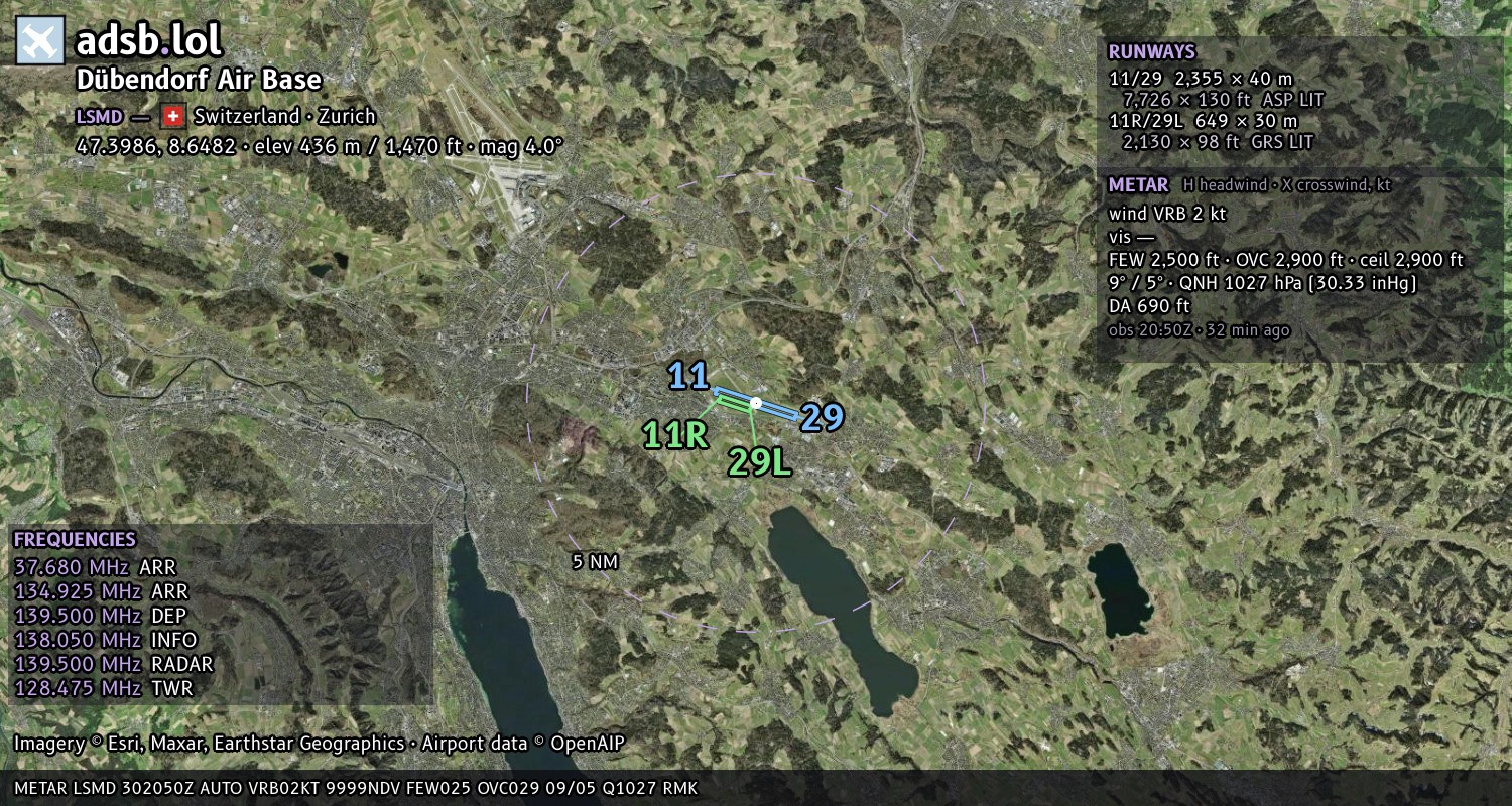 Satellite map with the runway layout of Dübendorf Air Base (LSMD)