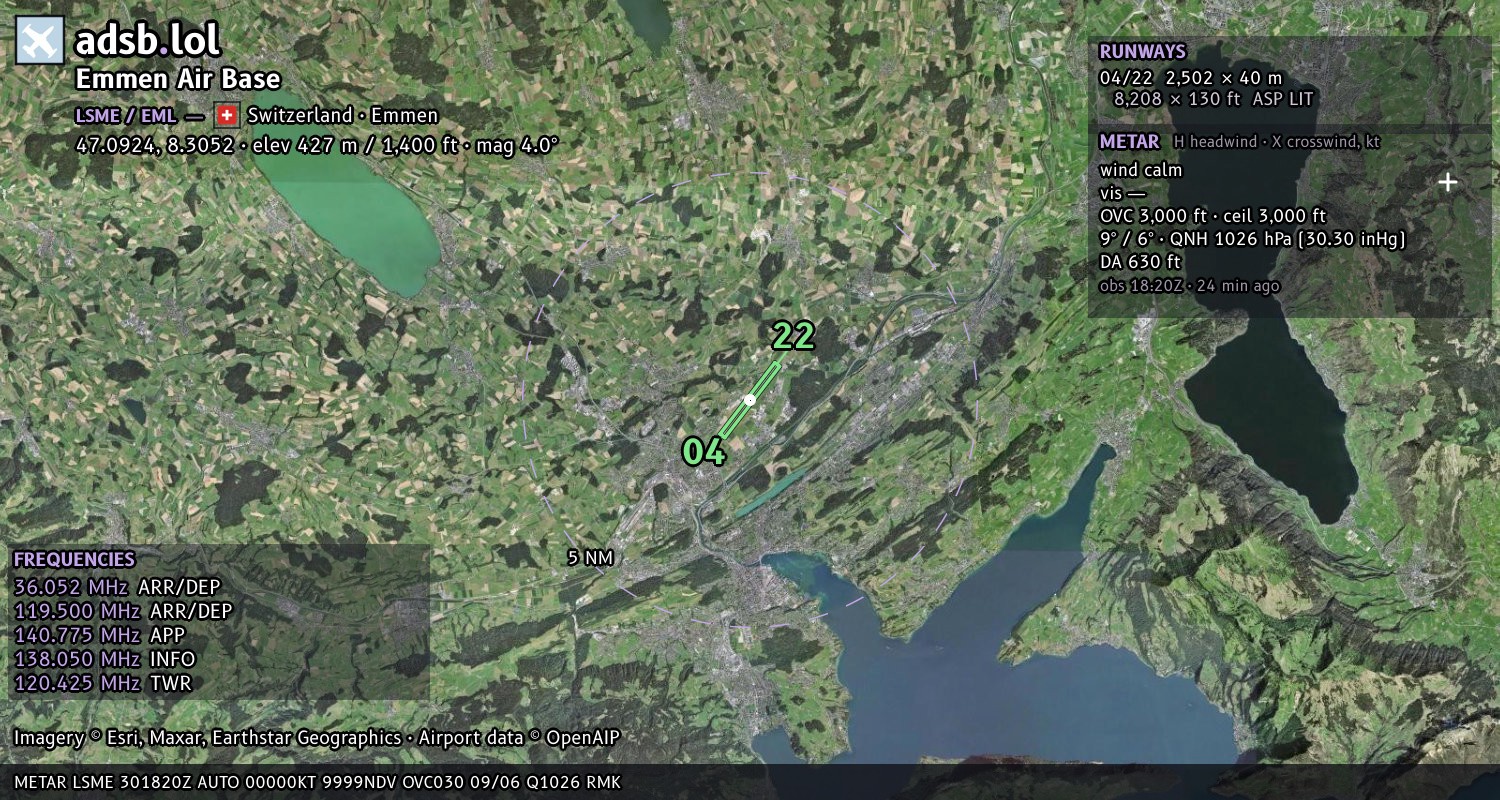 Satellite map with the runway layout of Emmen Air Base (LSME)