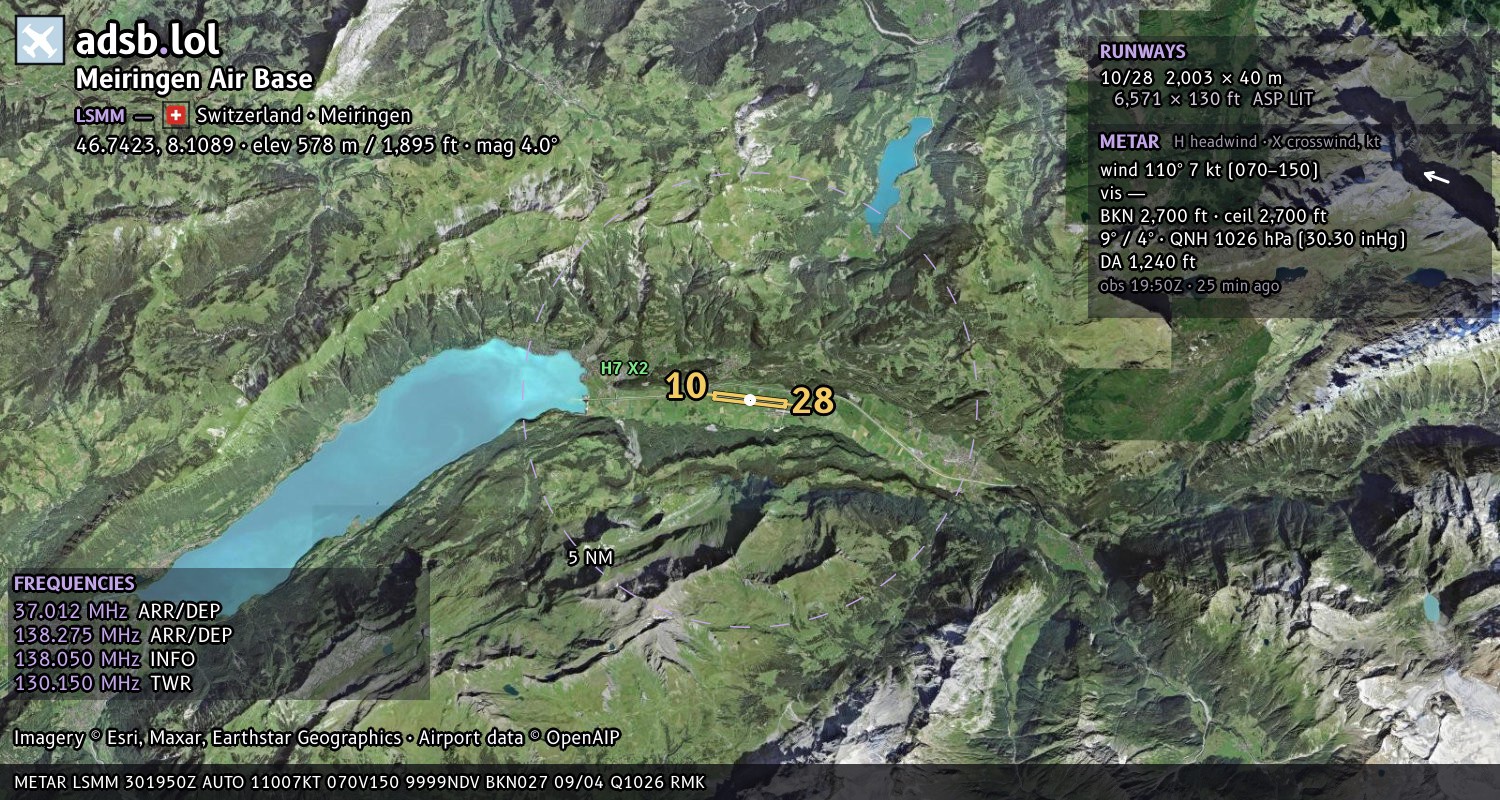 Satellite map with the runway layout of Meiringen Air Base (LSMM)