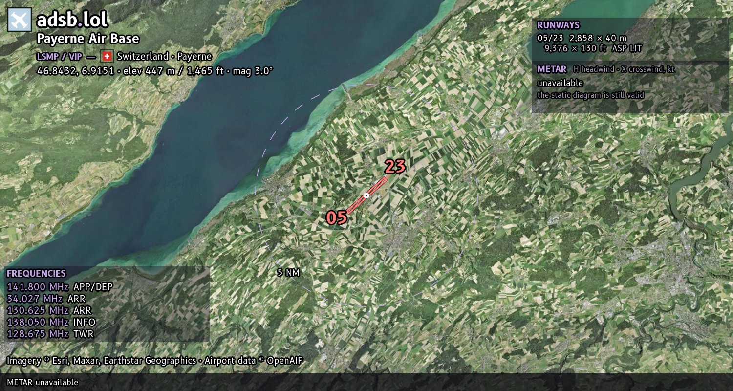 Satellite map with the runway layout of Payerne Air Base (LSMP)