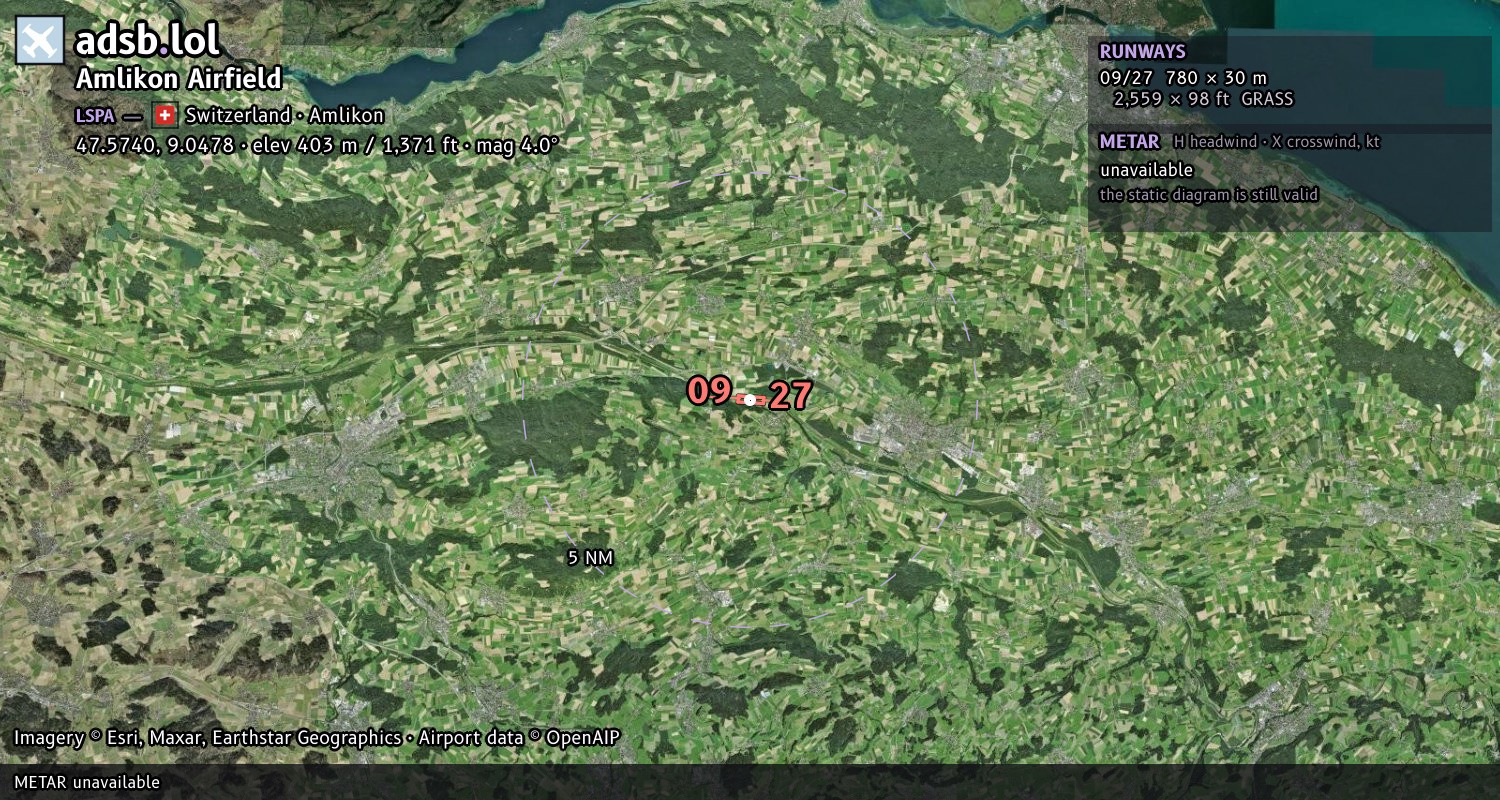 Satellite map with the runway layout of Amlikon Airfield (LSPA)
