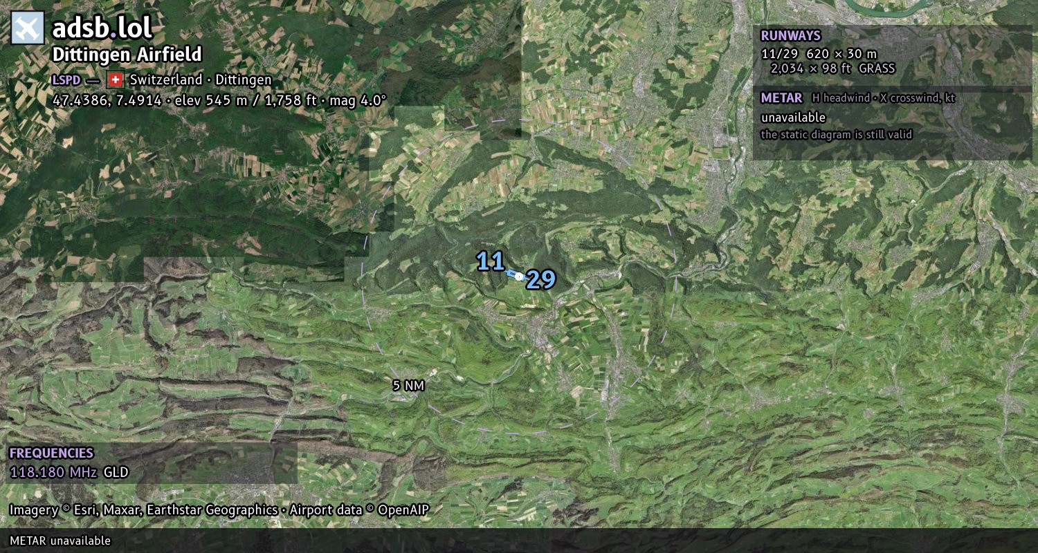 Satellite map with the runway layout of Dittingen Airfield (LSPD)