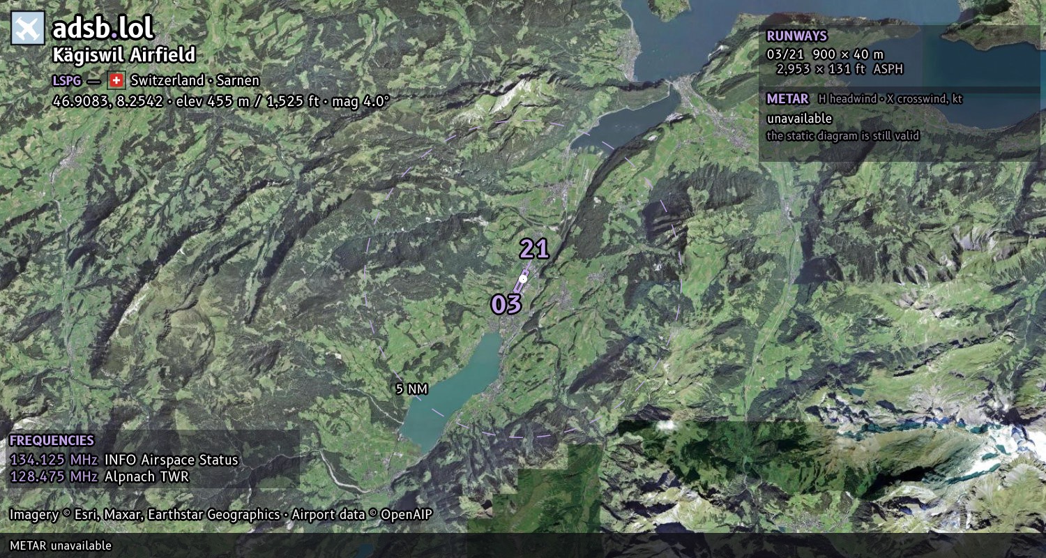 Satellite map with the runway layout of Kägiswil Airfield (LSPG)