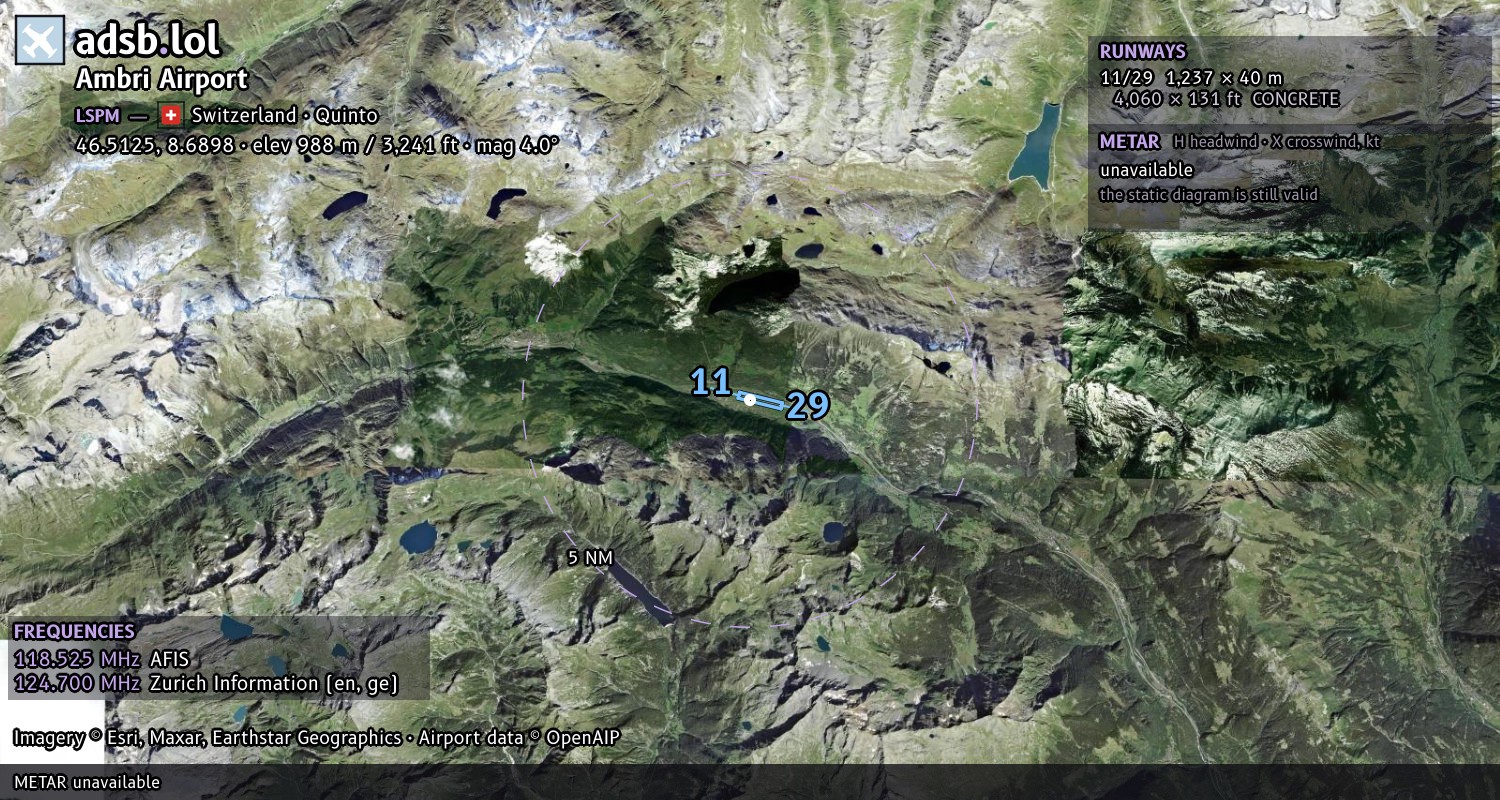Satellite map with the runway layout of Ambri Airport (LSPM)