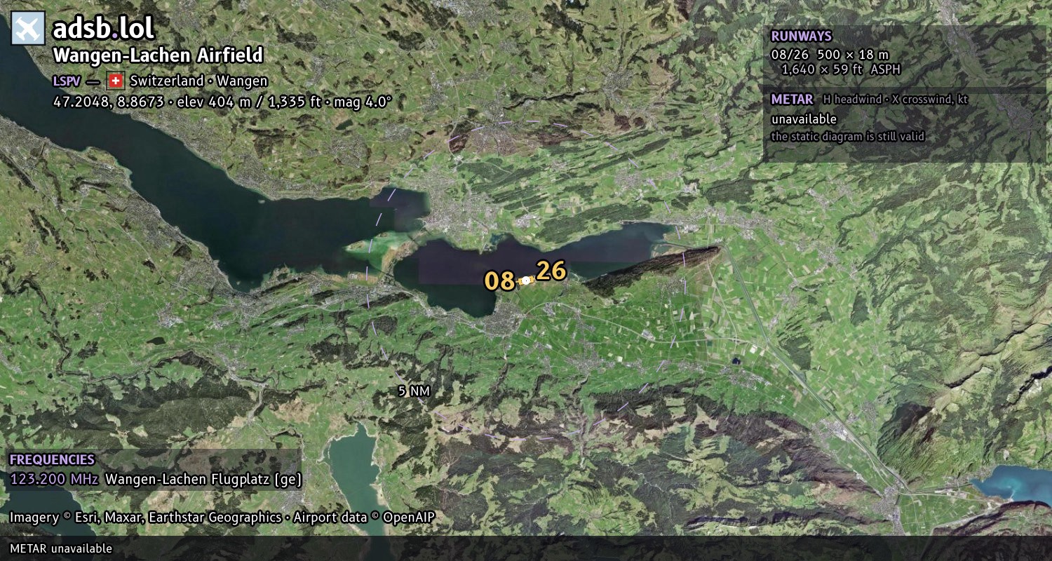 Satellite map with the runway layout of Wangen-Lachen Airfield (LSPV)
