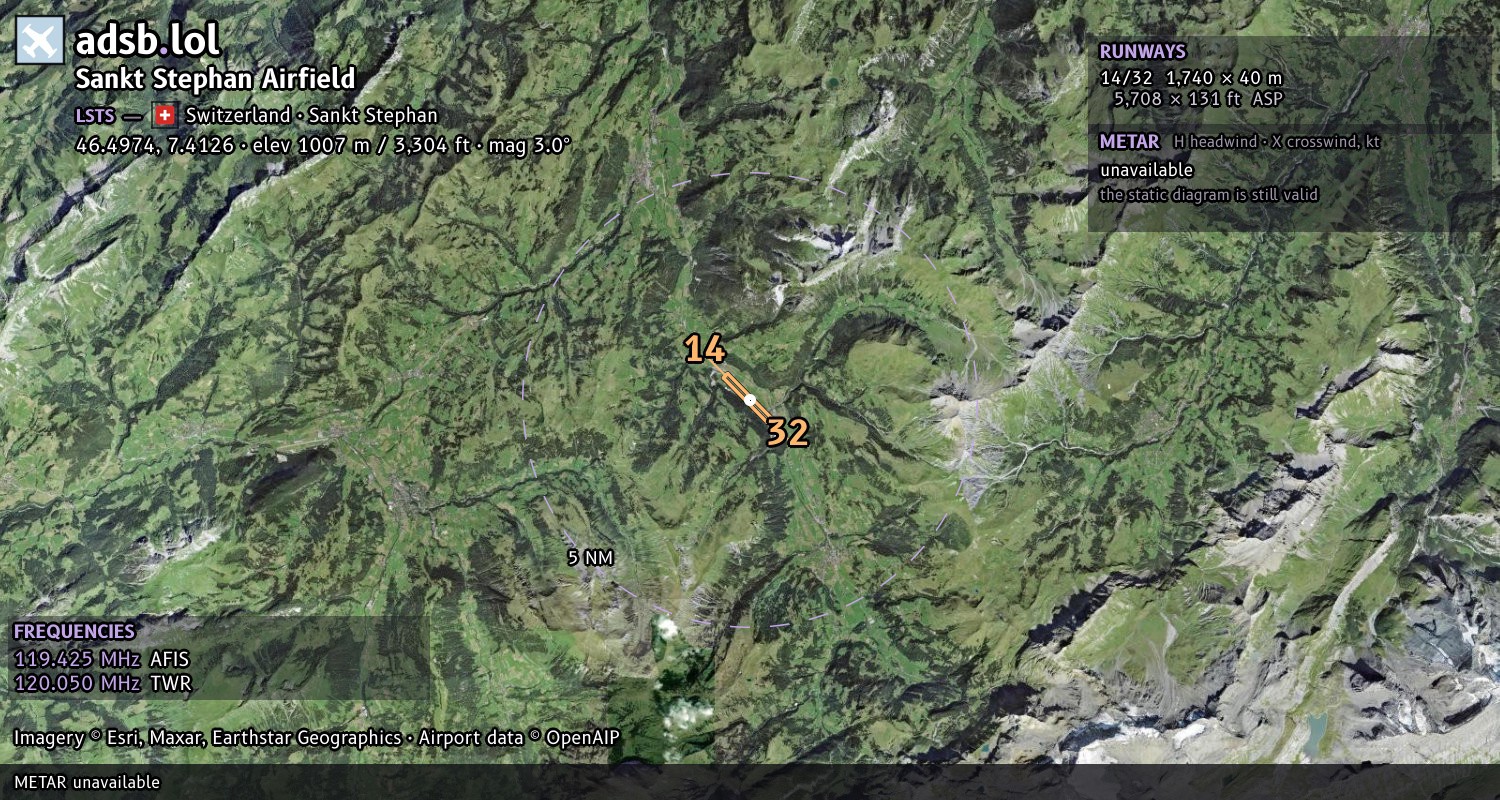 Satellite map with the runway layout of Sankt Stephan Airfield (LSTS)