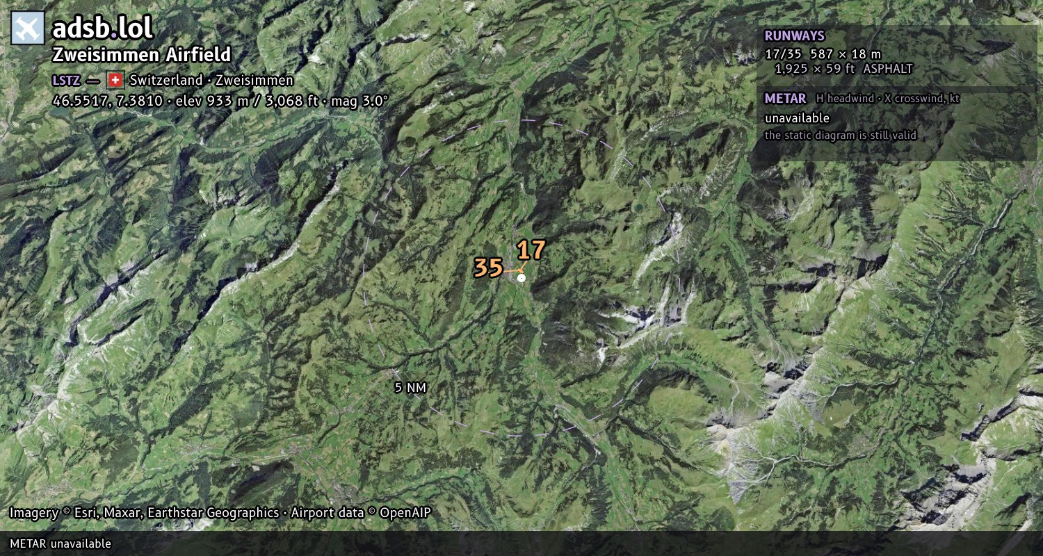 Satellite map with the runway layout of Zweisimmen Airfield (LSTZ)