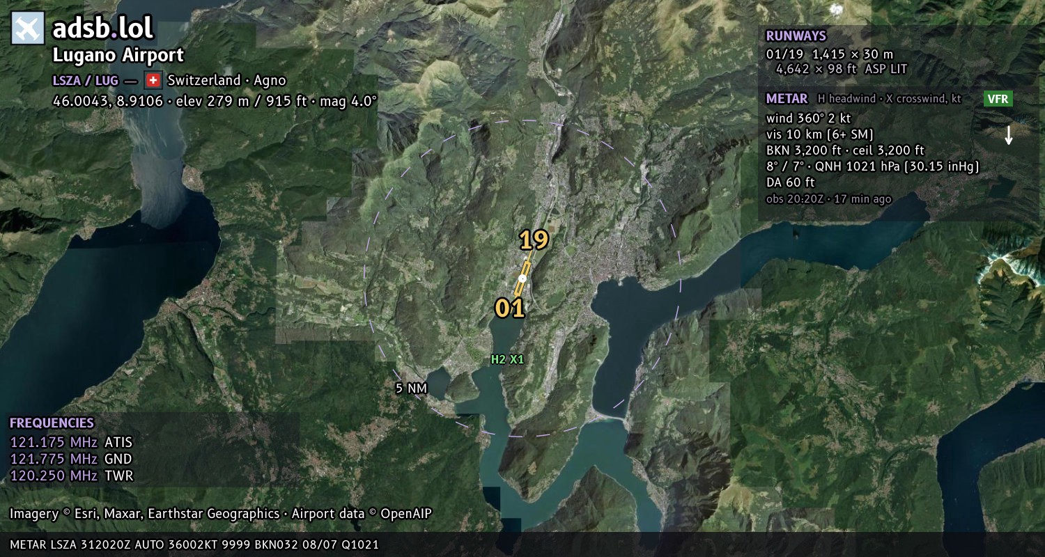 Satellite map with the runway layout of Lugano Airport (LSZA)