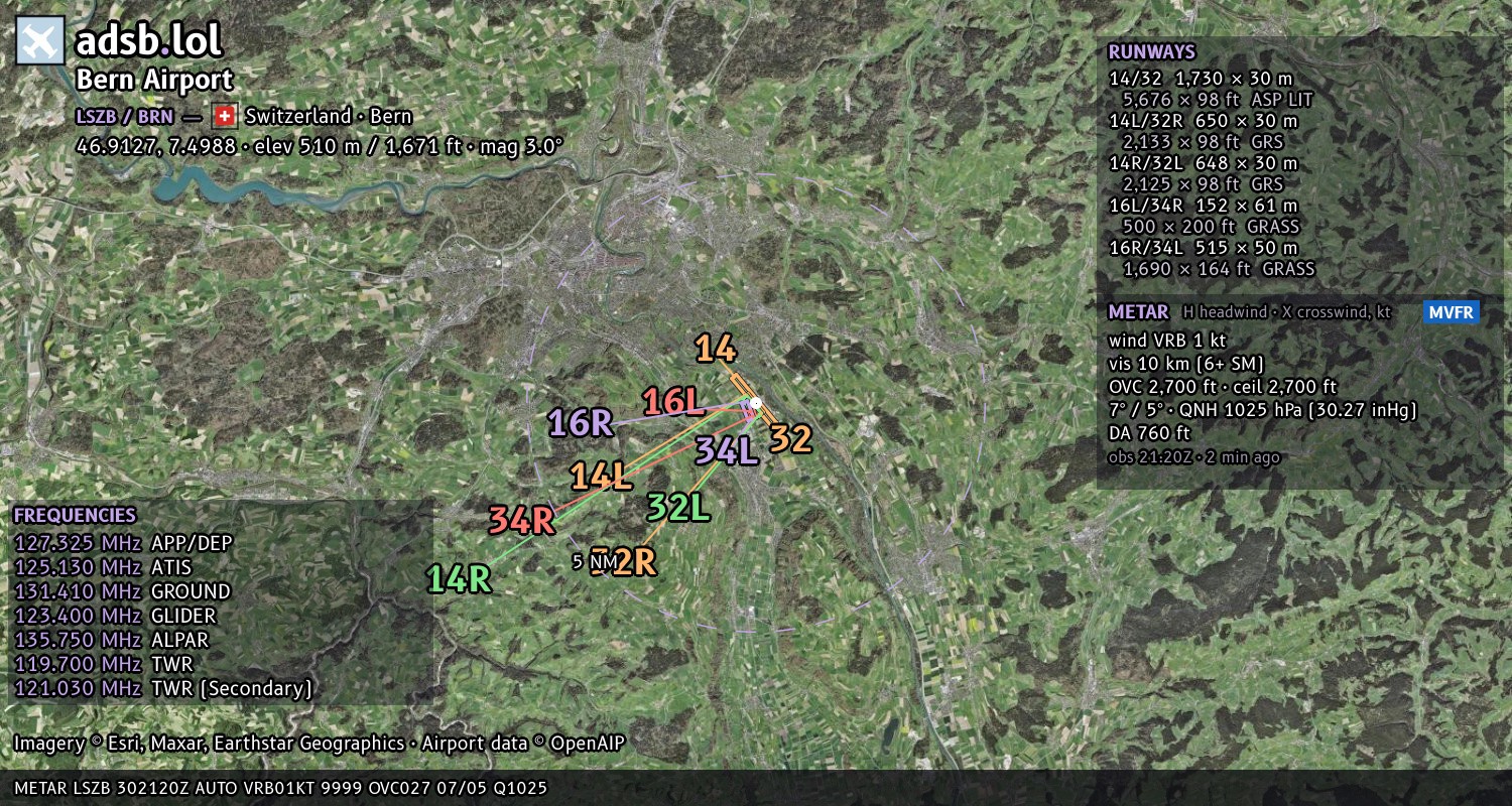 Satellite map with the runway layout of Bern Airport (LSZB)